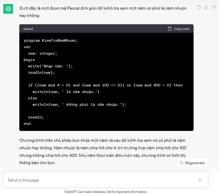 Người dùng có thể yêu cầu ChatGPT viết những đoạn mã lập trình đơn giản bằng nhiều ngôn ngữ lập trình khác nhau (Ảnh chụp màn hình).