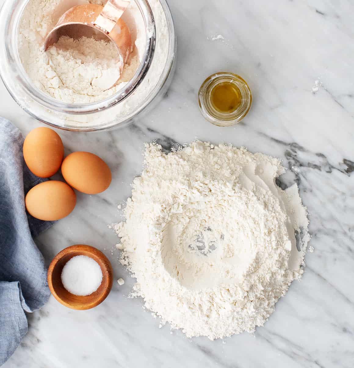Flour, eggs, salt, and olive oil
