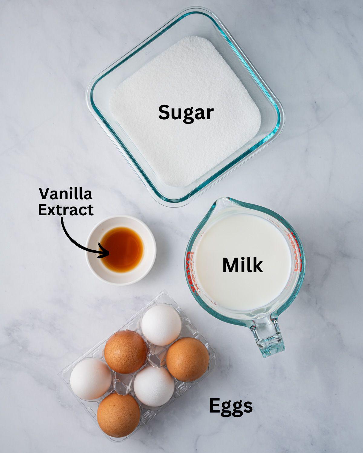 Ingredients needed for banh flan: eggs, milk, sugar, and vanilla extract.