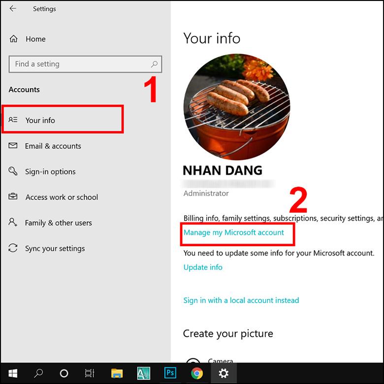 Cách thay đổi tên người dùng trên laptop bằng tài khoản chọn Microsoft chọn Your info (cột bên trái) -> Click chọn Manage my Microsoft Account