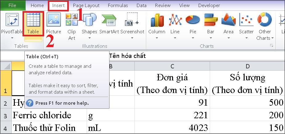Tạo bảng bằng Insert Table trong Excel