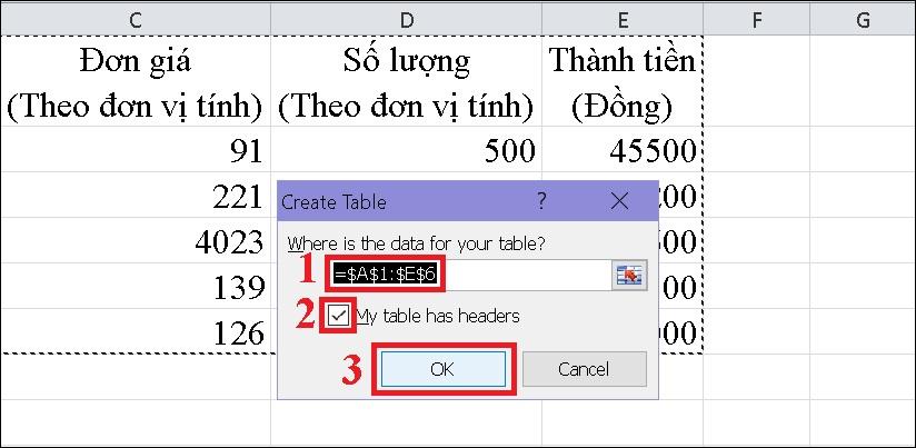 Tạo bảng bằng Insert Table trong Excel 2