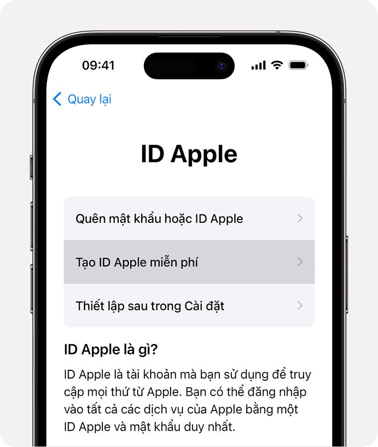 Màn hình iPhone hiển thị tùy chọn để chọn Tạo ID Apple miễn phí