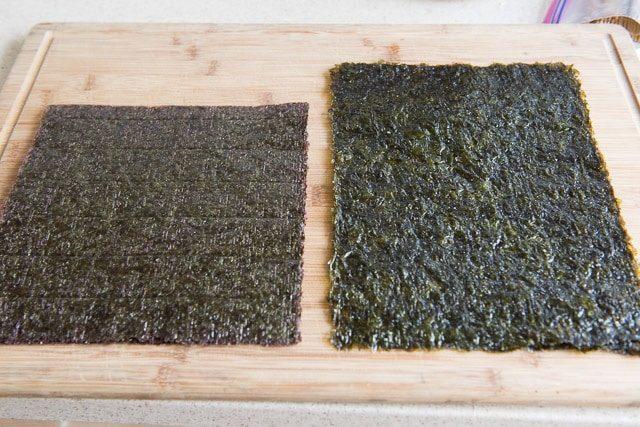 Two Sheets of Seaweed on Wooden Board