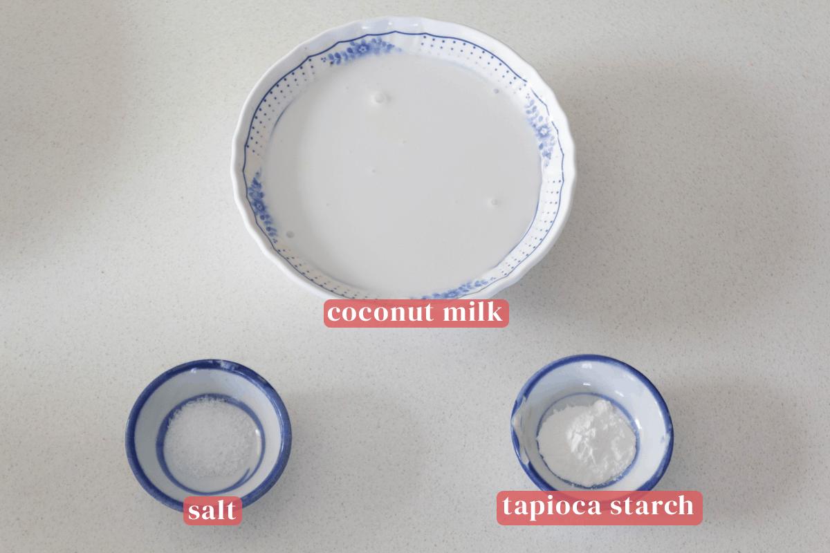 Coconut milk in a bowl along with salt and tapioca starch in dishes.