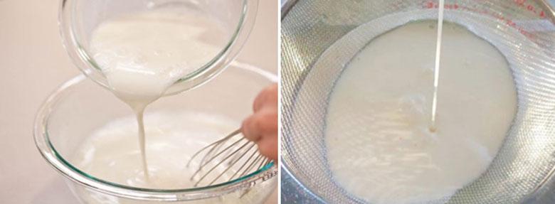 cách làm yaourt: rây hỗn hợp sữa cái