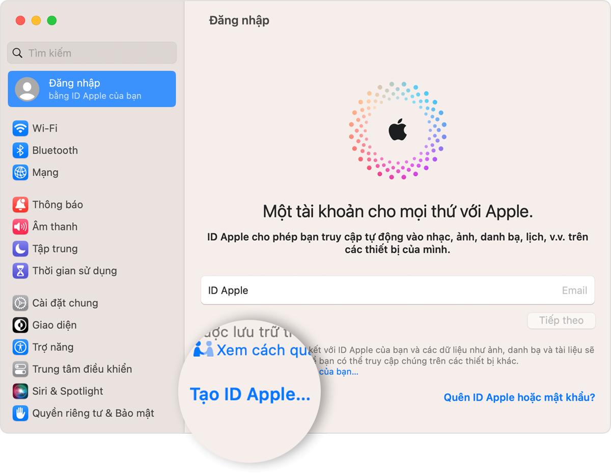 Màn hình máy Mac hiển thị liên kết Tạo ID Apple để bấm vào