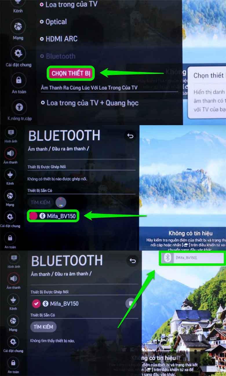 Bật Bluetooth trên tivi LG theo bước 7,8 như hình