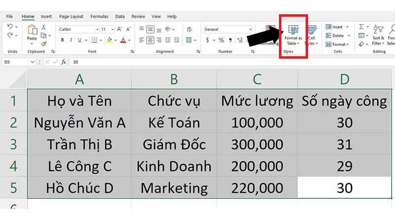 Tạo bảng bằng Format as Table trong Excel 1
