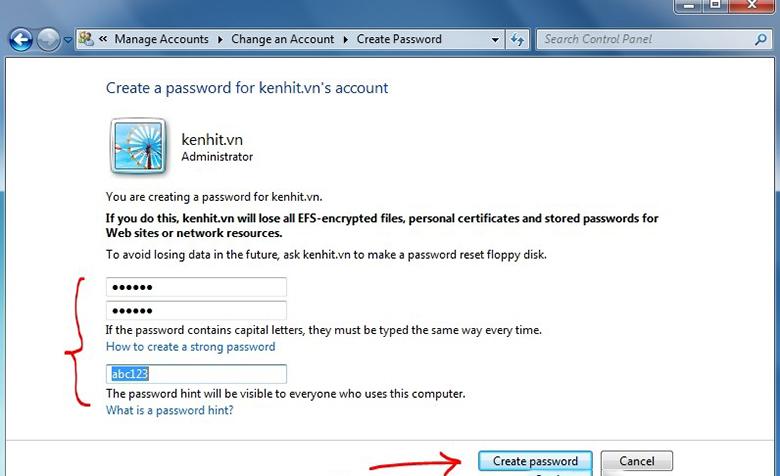 Cách đặt mật khẩu cho máy tính Windows 7 bước 4