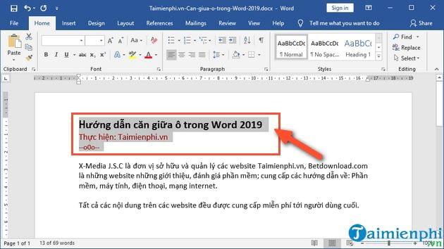 Bí quyết căn giữa ô trong Word 2019