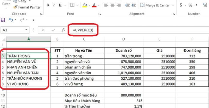 cách chuyển chữ thường thành chữ in hoa trong excel