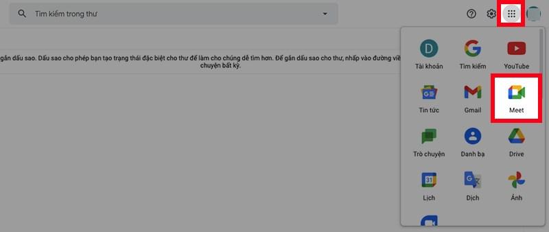 Đăng nhập gmail cá nhân trên máy tính, sau đó kích vào biểu tượng dấu chấm ở bên phải rồi chọn biểu tượng Meet.