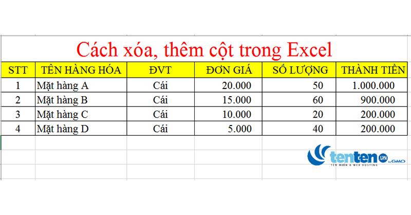 cách xóa cột trong excel