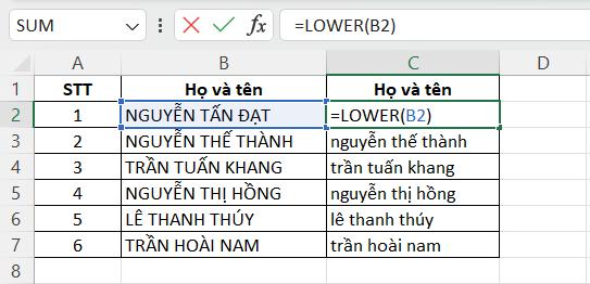 Cách chuyển chữ in hoa thành chữ thường bằng hàm LOWER