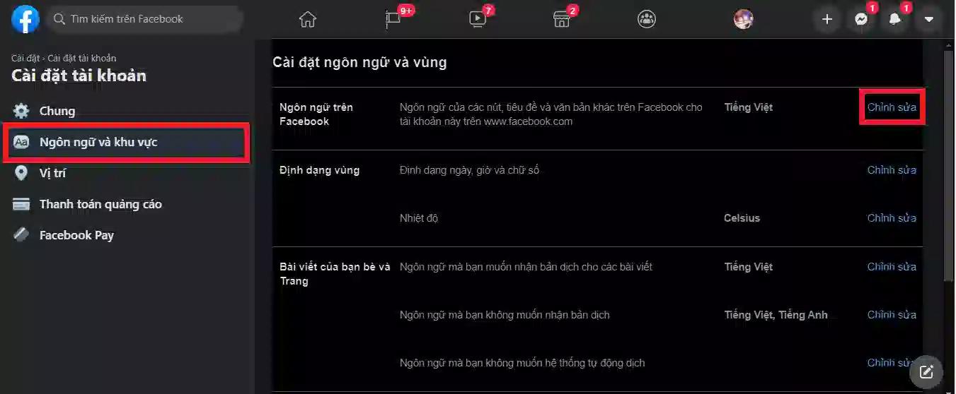 Chuyển ngôn ngữ Facebook trở lại tiếng Việt và sử dụng như bình thường.