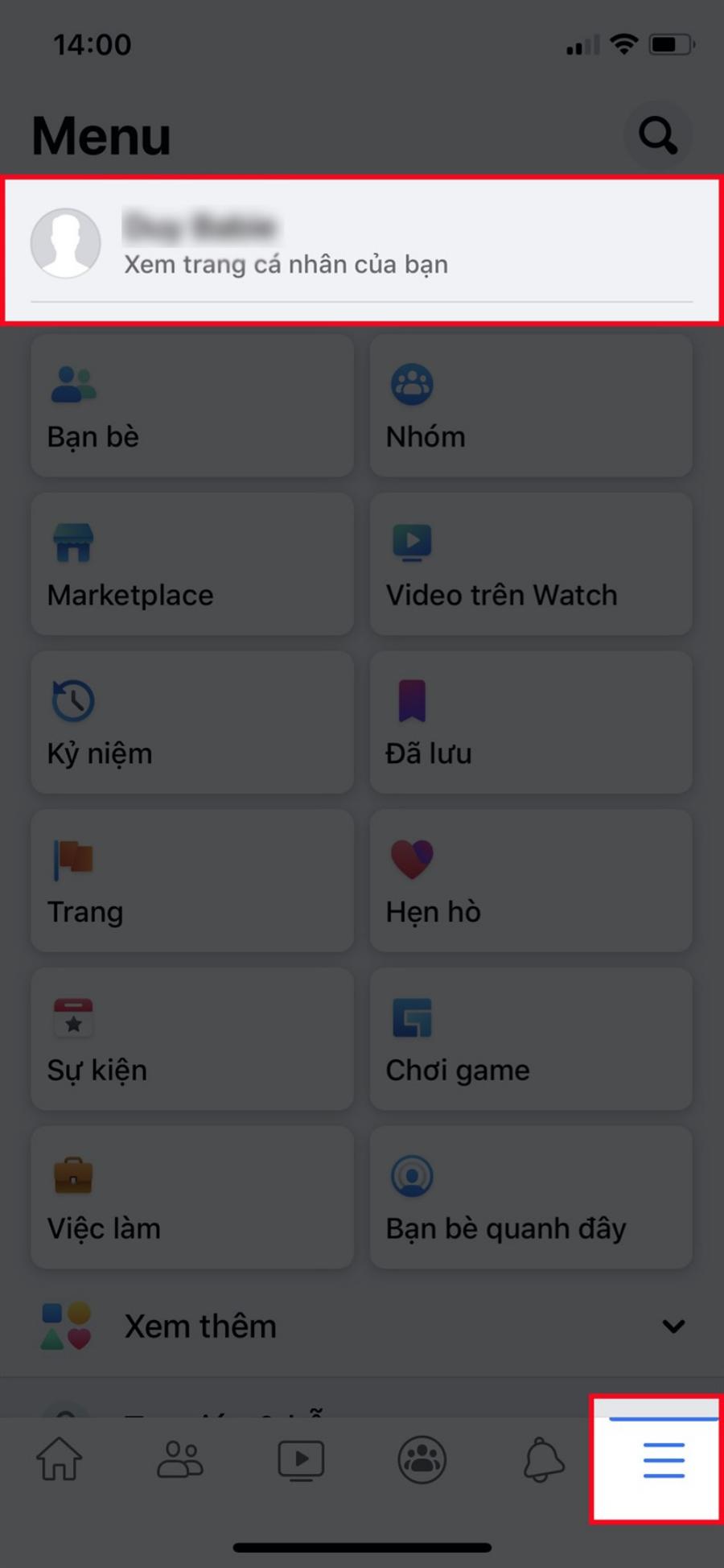 Mở ứng dụng Facebook > Chọn biểu tượng 3 dấu gạch > Nhấn vào trang cá nhân 