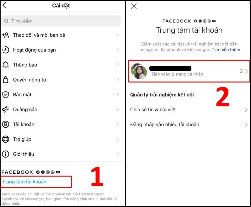 Bạn có thể kiểm tra tài khoản kết nối với Instagram trong mục Trung tâm tài khoản.